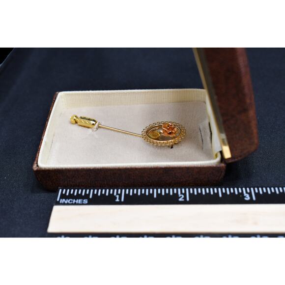 Vintage Signed Rose Flower Stick Pin, 14K Gold Overlay, In Original Box - Picture 7 of 10